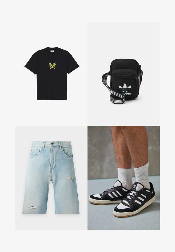 Čierne bavlnené tričko s malým grafickým motívom žltej motýlice v tvare plameňa na hrudi. S okrúhlym výstrihom a krátkymi rukávmi.; Svetlomodré denim šortky s voľným strihom, so zničenými prvkami, bočnými vreckami a s jedným uzáverom na vrchu.; Čierno-biele tenisky s vrchom z semišu a kože, s troma bielymi pruhmi, perforovanou špičkou a gumovou podrážkou.; Čierna textilná crossbody taška so zipsovým uzáverom, ktorá má biele logo Adidas a pruhovaný nastaviteľný popruh pre jednoduché nosenie.