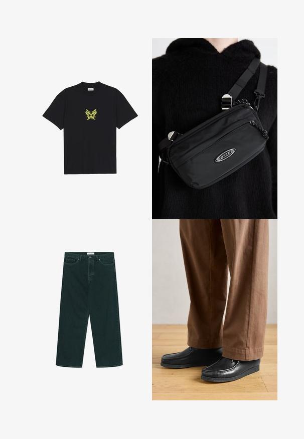 Juodas medvilnės marškinėliai su mažuoju geltonu ugnies rašto drugeliu ant krūtinės. Apvalus kaklas, trumpi rankovės.; Tamsiai žali plačio kojos džinsai su mygtuko ir užtrauktuko uždarymu, priekinėmis kišenėmis ir diržo kilpelėmis, padėti ant baltos fono.; Juodos odinės avalynės su mokasino dizainu ir siuvinėjimu, derinamos su rudomis kelnėmis, ant medinės grindų.; Juodas nailono per petį nešiojamas krepšys su reguliuojama juosta, turintis lygią tekstūrą, priekinį užtrauktuką ir logotipo akcentą.