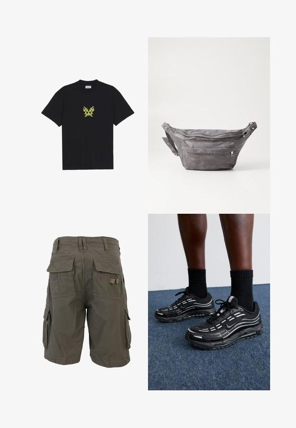 Svart bomulls t-shirt med en liten, gul flammönstrad fjärilsgraphic på bröstet. Rundad halsringning, korta ärmar.; Olivgröna cargo shorts med avslappnad passform, som har flera sidofickor och ett slitstarkt material. Det finns bältes loops och sydda detaljer.; Svarta Nike-skor har en mesh-övre med accentstripes, texturerad snörning och en svart gummisula. Bärs med svarta ribbade strumpor.; Grå mockafjällsryggsäck med rundad form, två fickor med dragkedja och justerbart bälte. Har metallackenter som detaljer.