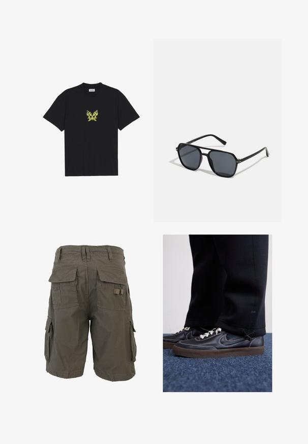 Černé bavlněné tričko s malým grafikou motýla se vzorem žlutých plamenů na hrudi. Kulatý výstřih, krátké rukávy.; Olivově zelené cargo šortky s pohodlným střihem, které mají více bočních kapes a odolnou látku. Přítomny jsou poutka na opasek a prošívané detaily.; Nike Sportswear KILLSHOT 2 LTR PRM OPP2 - Tenisky - black sail baroque brown mtlc dk grey; Černé sluneční brýle s osmiúhelníkovým rámem, tmavými čočkami, lesklým povrchem, tenkými nožičkami a zlatými akcenty na přední části.