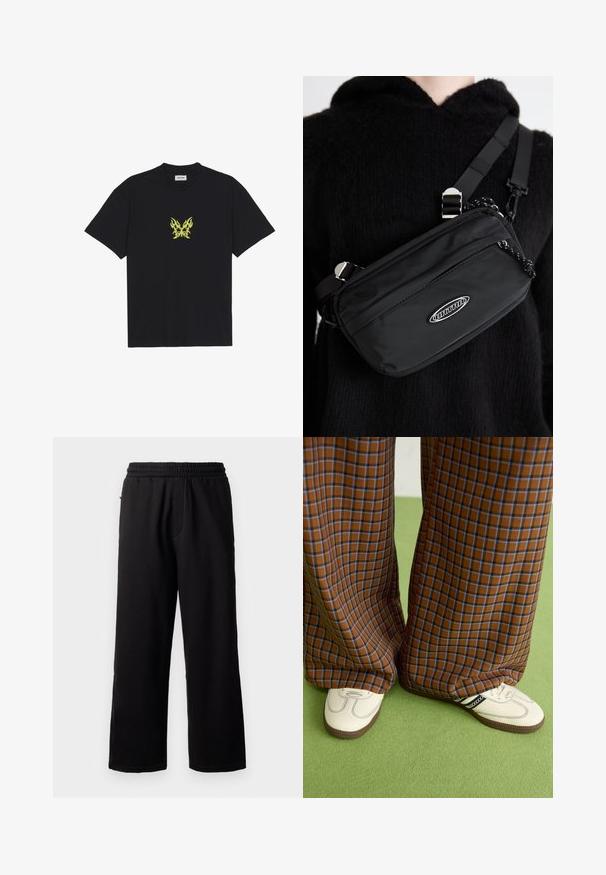 Melnā kokvilnas T-kreklā ir neliels dzeltenu liesmu rakstā veidots tauriņš uz krūšu daļas. Ar apaļu kakla izgriezumu, īsām piedurknēm.; Melnas sporta bikses ar elastīgu jostu, brīvs piegriezums, taisnas kājas un bez redzamajām rakstu vai piederumu detaļām. Mīksta tekstūra, ikdienišķs dizains.; Brūni un zili rūtaini platās kājas bikses, kas savienotas ar baltām kurpēm ar melniem akcentiem un teksturētām zolēm, uz zaļa fona.; Melnas neilona pārnēsājamā soma ar regulējamām siksnas, ar gludu tekstūru, priekšējo rāvējslēdzēja kabatu un logotipa akcentu.