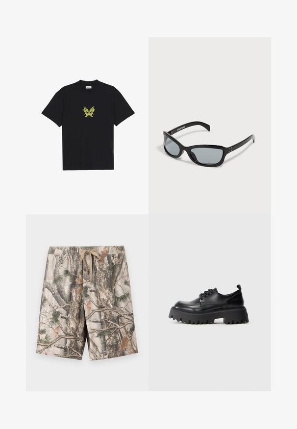 Zwarte katoenen t-shirt met een kleine gele vlinderafbeelding met vlampatroon op de borst. Ronde halslijn, korte mouwen.; korte broek met camouflagemotief gemaakt van lichtgewicht stof; heeft een elastische tailleband met trekkoord; kleuren zijn beige, bruin en groen.; Zwarte leren veterschoenen met een dikke, geribbelde rubberen zool. Beschikt over een ronde neus en subtiele stikdetails. Dikke hak voor stabiliteit.; Zwarte zonnebril met een slank, hoekig ontwerp. Voorzien van grijze lenzen en glanzende kunststof monturen. Bevat kleine metalen accenten en merkopdruk op de arm.