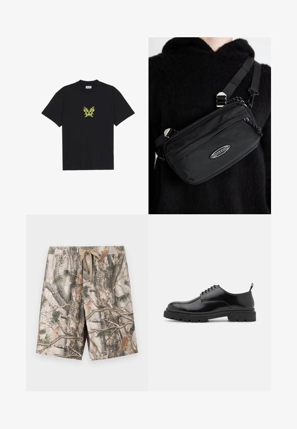 Schwarzes Baumwoll-T-Shirt mit einem kleinen, gelben Schmetterlings-Motiv im Flammenmuster auf der Brust. Rundhalsausschnitt, kurze Ärmel.; Cargoshorts mit Camouflage-Muster aus leichtem Stoff; mit einem elastischen Bund und Kordelzug; Farben sind Beige, Braun und Grün.; Schwarze Leder Schnürschuhe mit runder Zehenpartie, glatter Oberfläche und genoppter Gummisohle. Verfügen über einen kleinen Absatz und eine Ziehschlaufe auf der Rückseite.; Schwarze Nylon-Crossbody-Tasche mit verstellbarem Gurt, ausgestattet mit einer glatten Textur, einer vorderen Reißverschlusstasche und einem Logo-Detail.