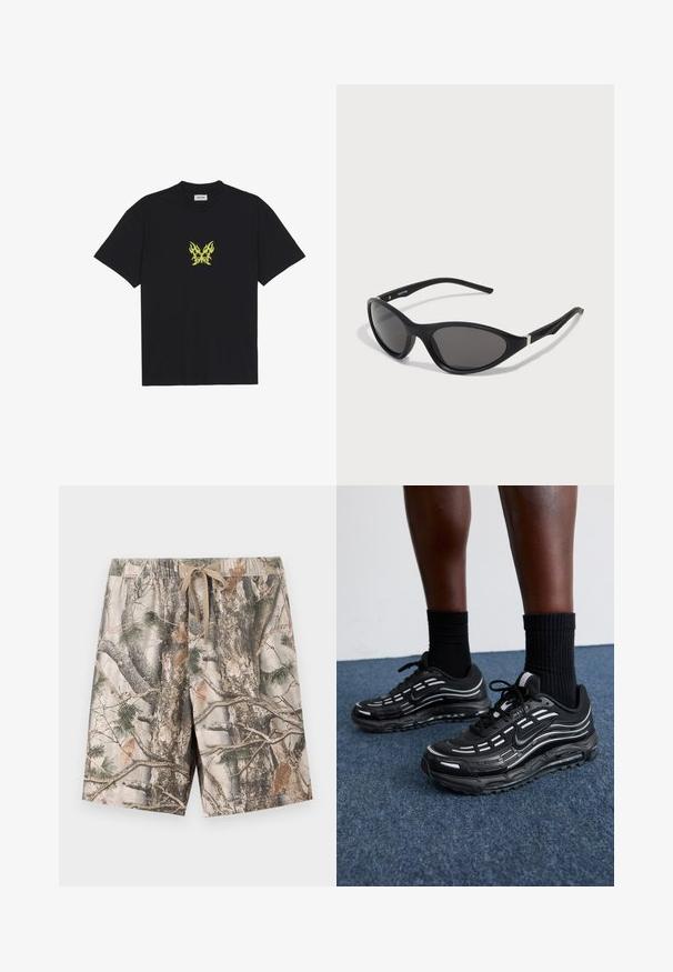 T-shirt de algodão preto com um pequeno gráfico de borboleta em padrão de chama amarela no peito. Decote redondo, mangas curtas.; Calções com padrão de camuflagem feitos de tecido leve; apresentam uma cintura elástica com cordão; as cores incluem bege, castanho e verde.; Os sapatos pretos da Nike apresentam um upper em malha com riscas de destaque, atacadores texturizados e uma sola de borracha preta. Usados com meias pretas caneladas.; Óculos de sol pretos em formato de gato com armações lisas e mate, lentes escuras e detalhes em prata nas hastes. Design moderno com um formato arrojado.