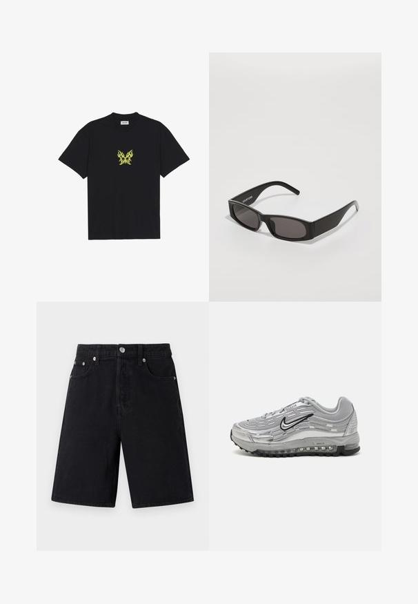 Tricou din bumbac negru, cu un grafic mic sub formă de fluture cu un model de flacără galbenă pe piept. Gât rotund, mâneci scurte.; Șorti negri din denim cu croială dreaptă. Caracteristici includ fermoar la schimbă, cinci buzunare, accesorii din metal argintiu și un finisaj texturat subtil.; Adidași gri Nike Air Max, cu un superior din plasă și material sintetic, design în valuri, accente negre și o unitate de amortizare vizibilă.; Ochelari de soare negri, dreptunghiulari, cu lentile întunecate, un cadru din plastic neted și un logo subtil pe brațul stâng. Design minimalist.