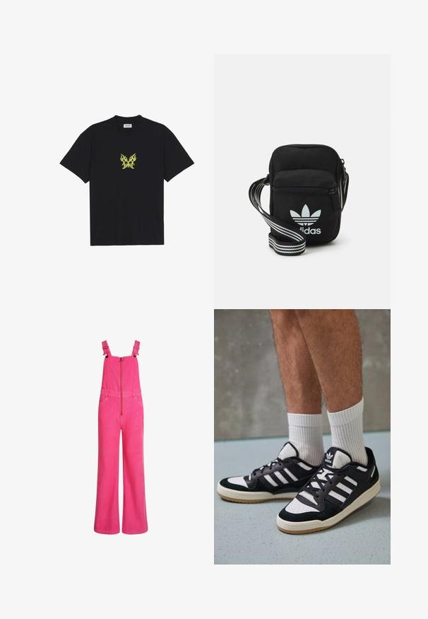 Melnā kokvilnas T-kreklā ir neliels dzeltenu liesmu rakstā veidots tauriņš uz krūšu daļas. Ar apaļu kakla izgriezumu, īsām piedurknēm.; Gaiši rozā platās kāju korduroja kūka ar regulējamiem plecu siksnām, priekšējo rāvējslēdzēju un sānu kabatām, parādīta uz baltā fona.; Melnas un baltas kedas ar zamša un ādas augšdaļu, kas aprīkotas ar trim baltām svītrām, perforētu purngali un gumijas zolēm.; Melna auduma crossbody soma ar rāvējslēdzēja aizdari, kurai ir balts Adidas logo un svītrainas regulējamas siksnas ērtiem pārvietošanās veidiem.