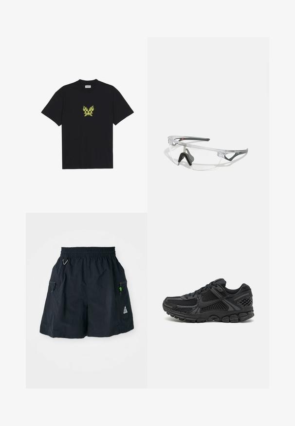 Fekete pamut póló, kicsi, sárga lángmintázatú pillangó grafikával a mellkason. Kerek nyakkivágás, rövid ujjak.; Fekete, könnyű anyagból készült rövidnadrág, rugalmas derékkal, oldalzsebekkel, amelyek cipzárosak, és háromszög alakú logóval a szegélyen.; Fekete sportcipő, hálós felsőrésszel, gumitalppal és texturált részletekkel. A dizájn kiemelkedő fűzőrendszert és párnázott talpat tartalmaz.; Áttetsző, könnyű keretes biztonsági szemüveg szürke kiegészítőkkel. Wraparound kialakítással és állítható orrnyereggel rendelkezik.