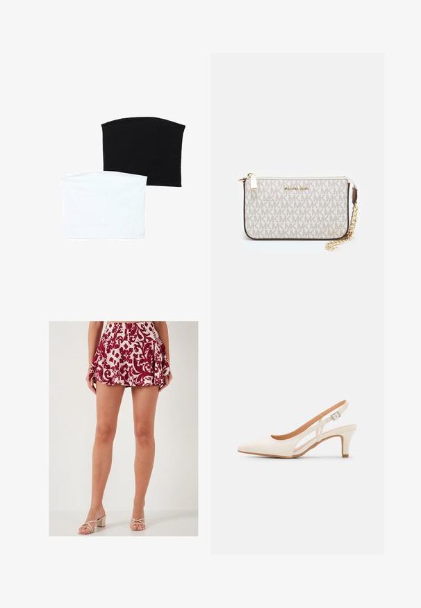 Zwei nahtlose Schlauchschals: einer schwarz und einer weiß. Beide bestehen aus weichem, dehnbarem Material und haben eine glatte Textur ohne Muster.; LELA SLIM FIT - A-Linien-Rock - red; Weiße Slingback-Absätze mit spitzer Zehenpartie, glattem Obermaterial, niedrigem Blockabsatz und seitlichem Ausschnitt-Design mit verstellbarem Schnallenriemen.; Michael Kors Clutch in beige beschichtetem Canvas mit einem wiederholten MK-Logo-Muster, goldfarbener hardware und einem abnehmbaren Kettenriemen.