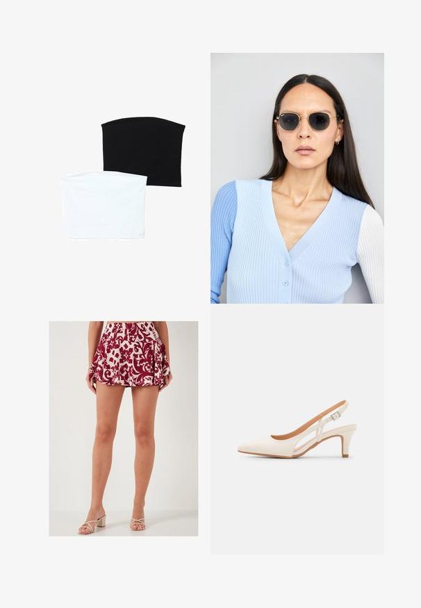 Deux écharpes tubulaires sans couture : l'une noire et l'autre blanche. Les deux sont fabriquées en tissu doux et extensible, avec une texture lisse sans motifs.; LELA SLIM FIT - Jupe trapèze - red; Talons aiguilles blanches à bride arrière avec un bout pointu, un dessus lisse, un petit talon carré et un design avec découpes latérales et sangle réglable.; Lunettes de soleil rondes avec verres sombres et monture en or. Le modèle porte un cardigan à côtes bleu clair avec des boutons et des manches blanches contrastantes.; Porte-monnaie Michael Kors en toile enduite beige avec un motif répété de logo MK, des accessoires en or et une bandoulière en chaîne amovible.