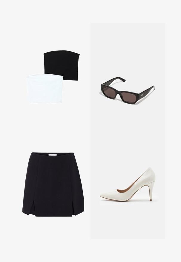 To sømløse rørhalseklæder: en sort og en hvid. Begge er lavet af blødt, strækbart stof og har en glat tekstur uden mønstre.; Sort a-linjeet skørter med en glat tekstur, der har sidelæg og et rent, minimalistisk design. Etiketten er synlig ved taljen.; Hvide patentlæder højhælede sko med spids tå og en glat overflade, der har en slank hæl og en lav skæring omkring åbningen.; Sorte rektangulære solbriller med mørke linser. Har en glat plastisk ramme og logo-detalje på stængerne. Rent, moderne design.; Michael Kors håndleddstropp i beige belagt lær med et gentaget MK-logo mønster, guld hardware og en aftagelig kædestrop.
