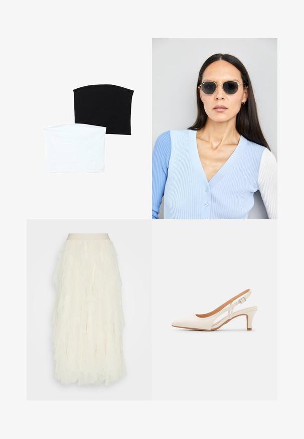 Dvije bešavne cijevi šalovi: jedan crni i jedan bijeli. Obojica su izrađena od mekog, rastezljivog materijala i imaju glatku teksturu bez uzoraka.; Krem suknja od tuljca sa slojevitim volanima. Ima glatki pojas i teksturirani, prozirni završetak. Pada do sredine listova.; Bijela slingback peta s oštrim vrhom, glatkim gornjim materijalom, niskom blok peta te dizajnom s bočnim izrezom i podešivom kopčom.; Ok Runde sunčane naočale s tamnim staklima i zlatnim okvirom. Model nosi svijetloplavi rebrasti kardigan s gumbima i kontrastnim bijelim rukavima.; Michael Kors novčanik na zapešću u bež premazanoj tkanini s ponavljajućim uzorkom MK loga, zlatnim hardverom i odvojivim lancem za nošenje.