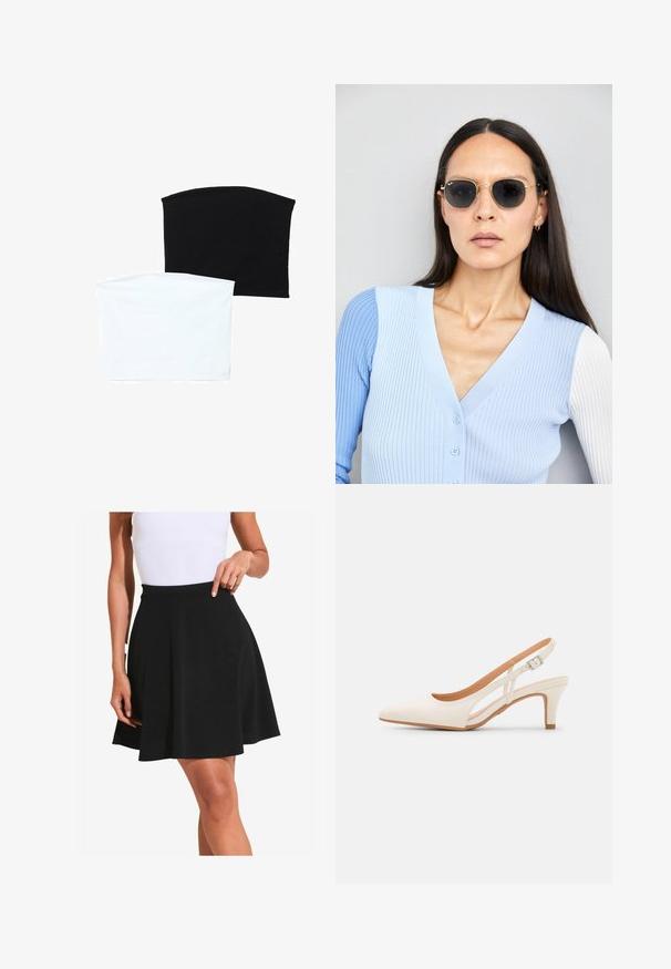 Dve brezšivne cevi šali: ena črna in ena bela. Obe sta izdelani iz mehkega, raztegljivega materiala in imata gladko teksturo brez vzorcev.; Črna krila, razširjena na koncu, izdelana iz mehke tkanine z gladko teksturo in širokim pasom, ki prikazuje nežne gube in seže do kolen.; Bela slingback peta z ostrim nosom, gladka zgornja prevleka, nizka blok peta in zasnova z stranskimi izrezi ter nastavljivim trakom z zaponko.; Okrogle sončna očala s temnimi lečami in zlatimi okvirji. Model nosi svetlo modro, rebrasto jakno s gumbi in belimi rokavi v kontrastni barvi.; Michael Kors denarnica v bež lakiranem platnu z mišičnim vzorcem ponavljajočega se logotipa MK, z zlatim okovjem in snemljivo verižico.