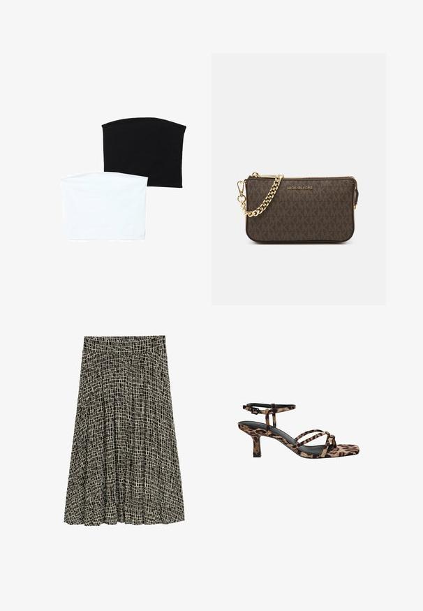 Dvije bešavne cijevi šalovi: jedan crni i jedan bijeli. Obojica su izrađena od mekog, rastezljivog materijala i imaju glatku teksturu bez uzoraka.; TOM TAILOR Velika suknja - abstract black grid design; Sandal na visokoj peti s leopard uzorkom, kvadratnim vrhom, višestrukim trakama i srednjom petom. Napravljen od mekanog tekstilnog materijala.; Smeđa kožna torba preko ramena s uzorkom loga, zlatna lanac trakica, zatvaranje na patentni zatvarač i zlatni metalni detalji. Kompaktna i pravokutna forma.