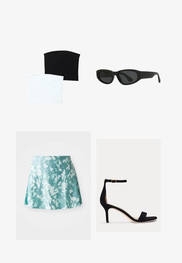 Dve brezšivne cevi šali: ena črna in ena bela. Obe sta izdelani iz mehkega, raztegljivega materiala in imata gladko teksturo brez vzorcev.; Ment zeleno krilo za drsanje s belim vzorcem pršenja, izdelano iz lahkega materiala. Ima rahlo razširjeno obliko in stranski razporek.; Lauren Ralph Lauren ALLIE MID HEEL SUEDE SANDAL - Sandali - black; Črne sončne naočnike z eleganten, poševnim dizajnom. Narejene iz plastike, z temnimi lečami in gladko, sijajno teksturo. Brez opaznih detajlov.