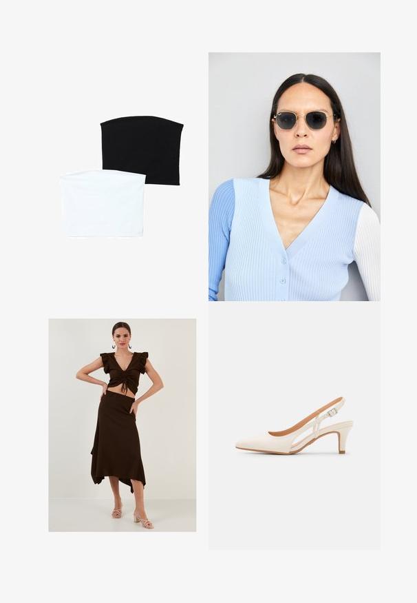 Zwei nahtlose Schlauchschals: einer schwarz und einer weiß. Beide bestehen aus weichem, dehnbarem Material und haben eine glatte Textur ohne Muster.; Braunes geripptes Ko-Ord-Set mit einem kurz geschnittenen Oberteil mit Rüschenschultern und einem hoch taillierten asymmetrischen Rock. Glatte Textur, enganliegendes Design.; Weiße Slingback-Absätze mit spitzer Zehenpartie, glattem Obermaterial, niedrigem Blockabsatz und seitlichem Ausschnitt-Design mit verstellbarem Schnallenriemen.; Runde Sonnenbrillen mit dunklen Gläsern und goldenen Rahmen. Das Modell trägt eine hellblaue, gerippte Strickjacke mit Knöpfen und weißen Kontrastärmeln.; Michael Kors Clutch in beige beschichtetem Canvas mit einem wiederholten MK-Logo-Muster, goldfarbener hardware und einem abnehmbaren Kettenriemen.