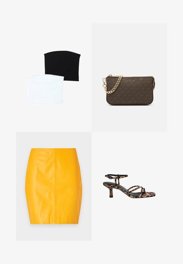 Zwei nahtlose Schlauchschals: einer schwarz und einer weiß. Beide bestehen aus weichem, dehnbarem Material und haben eine glatte Textur ohne Muster.; Gelber Leder-Minirock mit glatter Textur und körpernahem Design. Verfügt über eine zentrale Naht und eine saubere, elegante Silhouette.; Leopardenmuster Absatzsandalen mit Quadratzehen, mehreren Riemen und einem mittelhohen Absatz. Hergestellt aus weichem Textilmaterial.; Braune Leder-Crossbody-Tasche mit Logo-Muster, goldener Kettenriemen, Reißverschlussverschluss und goldenen Hardware-Details. Kompakte und rechteckige Form.