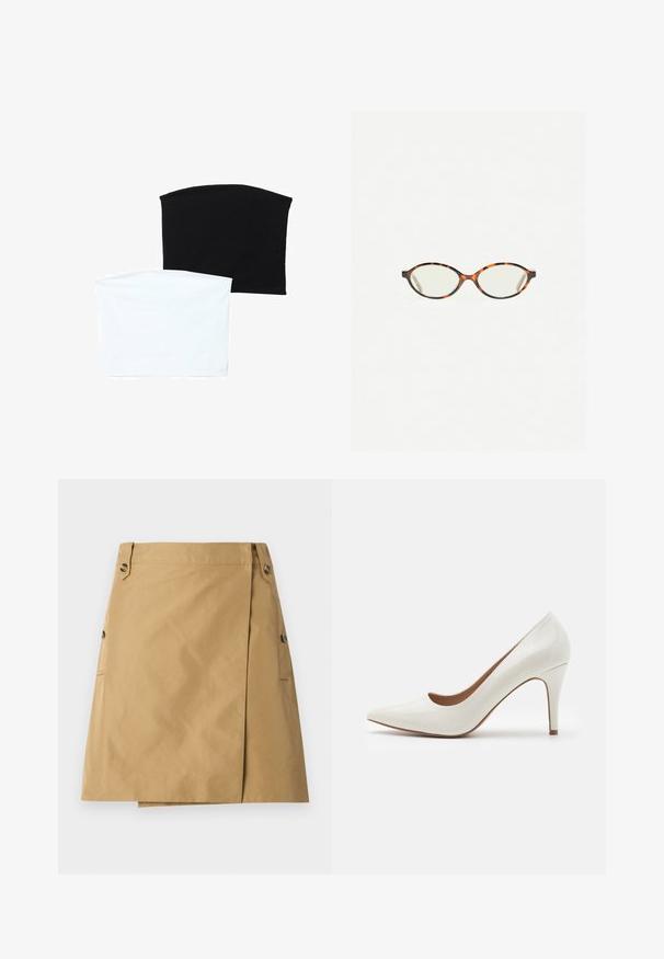 Zwei nahtlose Schlauchschals: einer schwarz und einer weiß. Beide bestehen aus weichem, dehnbarem Material und haben eine glatte Textur ohne Muster.; Beige Rock aus glattem Stoff mit einer Vorderpartie, ausgestattet mit zwei seitlichen Taschen und zwei Knöpfen am Bund.; Weiße Lackleder-Pumps mit spitzer Zehenform und glatter Oberfläche, ausgestattet mit einem schmalen Absatz und einem niedrigen Schnitt um die Öffnung.; Schildpatt-Eyegläser mit ovalen Gläsern und einer eleganten, glatten Oberfläche. Mit dünnen Seiten und einer subtilen Kurve an den Schläfen. Klare Gläser.; Geflochtene Strohttasche mit geflochtener Textur, dunkelbraunen Ledergriffen und Boden, breiter runder Form und offenes Oberteil.; Goldene Halskette mit weißen Perlen und dekorativen Muscheln, einschließlich eines Seesterns, mit einer Mischung aus strukturierten und glatten Oberflächen.