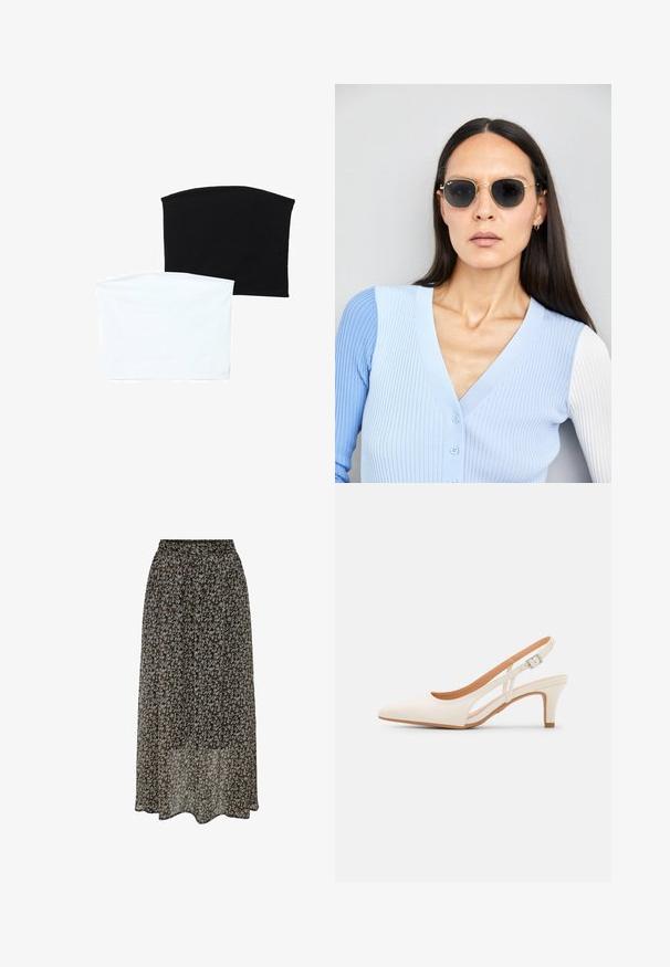 Twee naadloze buis sjaals: een zwarte en een witte. Beide zijn gemaakt van een zachte, rekbare stof en hebben een gladde textuur zonder patronen.; Bloemen-maxirok van zwarte stof, met een vloeiende design, zachte textuur en kleine, multicolore bloempatronen overal.; Witte slingback hak met een spitse neus, glad bovenmateriaal, lage blokhak en een design met uitsparingen aan de zijkant, voorzien van een verstelbare gespsluiting.; Ronde zonnebrillen met donkere glazen en gouden montuur. Het model draagt een lichtblauwe, geribbelde cardigan met knopen en contrasterende witte mouwen.; Michael Kors polsbandje in beige gecoate canvas met een herhaald MK-logo patroon, gouden hardware en een afneembare kettingriem.