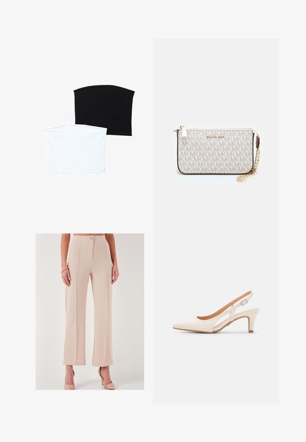 To sømløse rørhalseklæder: en sort og en hvid. Begge er lavet af blødt, strækbart stof og har en glat tekstur uden mønstre.; Beige højtaljede bukser med vidde lavet af tekstureret stof, der har en frontknaplukning og sidelommer, med en ren finish.; Hvide slingback hæle med spids tå, glat overmateriale, lav blokhæl og sideudskæringsdesign med justerbar spænderem.; Michael Kors håndleddstropp i beige belagt lær med et gentaget MK-logo mønster, guld hardware og en aftagelig kædestrop.
