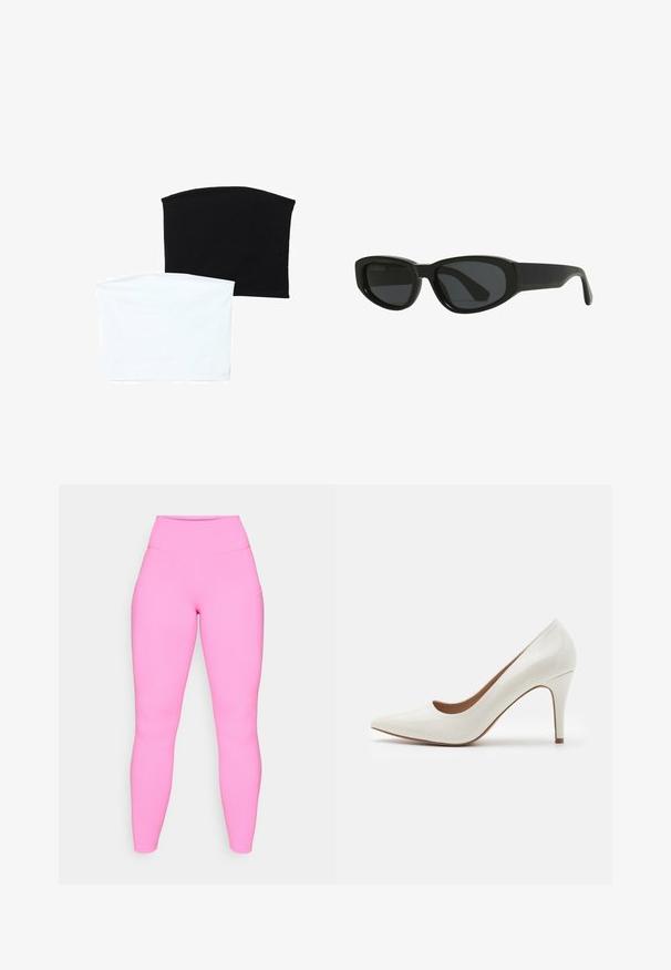 Zwei nahtlose Schlauchschals: einer schwarz und einer weiß. Beide bestehen aus weichem, dehnbarem Material und haben eine glatte Textur ohne Muster.; Rosa Leggings mit hoher Taille, aus dehnbarem Material. Verfügt über seitliche Taschen und eine glatte Textur, die bis zum Knöchel reicht.; Weiße Lackleder-Pumps mit spitzer Zehenform und glatter Oberfläche, ausgestattet mit einem schmalen Absatz und einem niedrigen Schnitt um die Öffnung.; Schwarze Sonnenbrille mit einem schlanken, kantigen Design. Hergestellt aus Kunststoff, mit dunklen Gläsern und einer glatten, glänzenden Oberfläche. Keine bemerkenswerten Akzente.