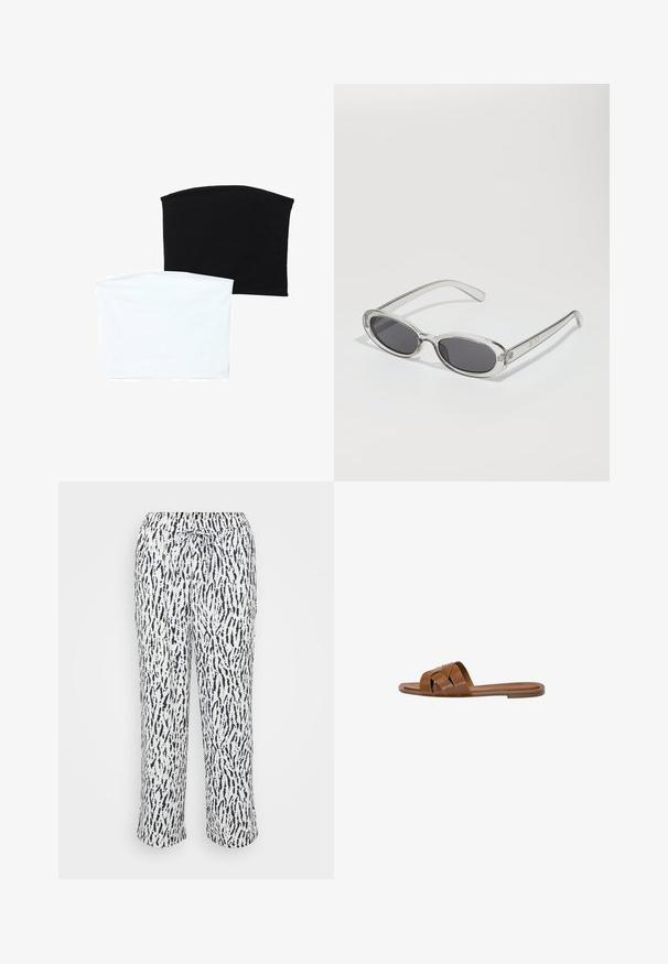 To sømløse rørhalseklæder: en sort og en hvid. Begge er lavet af blødt, strækbart stof og har en glat tekstur uden mønstre.; Bløde, lette bukser i hvid med et navy abstrakt mønster. Har en elastisk talje med snøre for justerbar pasform.; Brun læder slide sandal med krydsede stropper, flad sål og en glat overflade. Enkel design uden udsmykninger eller mønstre.; Solsikker med oval form, klar plastramme, mørkegrå linser og tynde gennemsigtige arme med logovariationer og minimal detaljer.