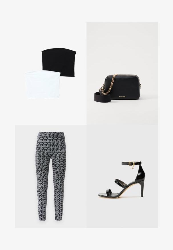 Dve brezšivne cevi šali: ena črna in ena bela. Obe sta izdelani iz mehkega, raztegljivega materiala in imata gladko teksturo brez vzorcev.; Črne in sivo legice z vseobsegajočim vzorcem prepletenih črk. Pas je elastičen, z ozkim prileganjem okoli nog.; Črne lakirane sandale s tremi trakovi, zaponko okoli gležnja in 10-centimetrsko stiletto peto. Imajo detajle iz zlatega kovanja in logotipni čar.; Črna usnjena torbica čez ramo z zlatimi verižnimi detajli, zadrgo in snemljivim tekstilnim naramnicom. Na sprednji strani je logotip Michael Kors.; Zlate obročeve uhane s poliranim zaključkom, ki imajo debelo, okroglo obliko in varen mehanizem zapiranja. Gladka tekstura in sijoč videz.