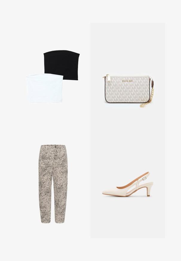 To sømløse rørhalseklæder: en sort og en hvid. Begge er lavet af blødt, strækbart stof og har en glat tekstur uden mønstre.; Leopardprintbukser med en beige baggrund, der har en elastisk talje, lige ben og en blød stofstruktur.; Hvide slingback hæle med spids tå, glat overmateriale, lav blokhæl og sideudskæringsdesign med justerbar spænderem.; Michael Kors håndleddstropp i beige belagt lær med et gentaget MK-logo mønster, guld hardware og en aftagelig kædestrop.