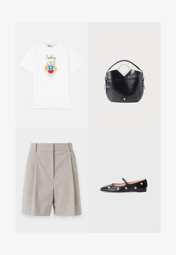 Biela bavlnená tričko s farebnou grafickou pečaťou s žltými akcentmi, modrým kruhom a červenými trojuholníkmi. Nápis "Bally" je vytlačený čierne nad pečaťou.; By Malene Birger POVILLE - Šortky - grey brown; Čierne kožené baleríny typu Mary Jane s okrúhlou špičkou, so striebornými kruhovými cvokmi a nastaviteľným remienkom so sponou.; Čierna kožená taška s zakriveným tvarom, kruhovou hornou rukoväťou a strieborným logom. Hladký povrch a výnimočný dizajn s výrezmi.