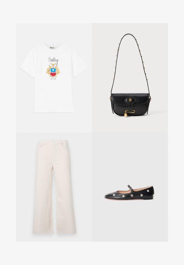 Valge puuvillane T-särk, millel on värvikas graafiline vapp kollaste aksentidega, sinine ring ja punased kolmnurgad. Üle vapi on musta värviga trükitud "Bally".; Laiad, heleda bežiga teksad kõrge vöökohaga, viie taskuga ja esise nööbiga sulgemisega. Sile tekstuur, minimaalsed reie õmblused.; Must naar mustast valmistatud Mary Jane lamedad jalanõud, ümarate varvastega, hõbedaste ümmarguste nupukestega ja reguleeritava rihmaga, millel on klamber.; Mustmust kotist käekott, millel on struktureeritud disain, kuldne logo, lukk ja ahelaga õlavarre rihm.
