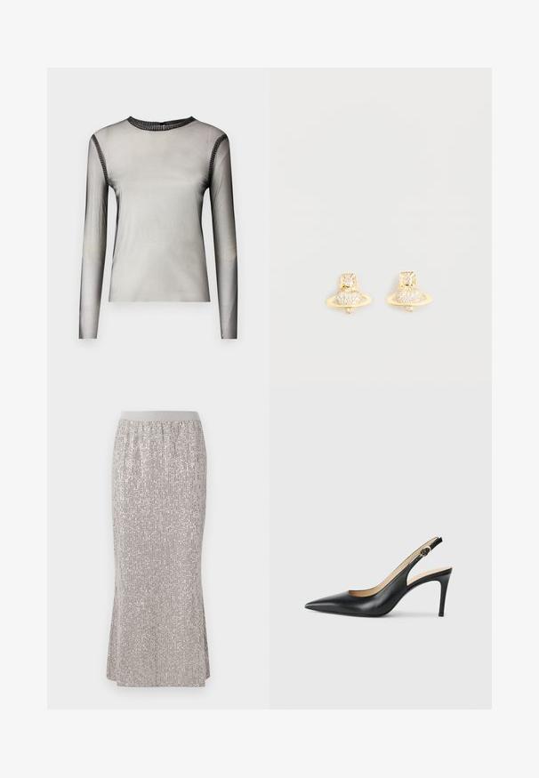 Top cinza translúcido de manga longa com decote redondo, apresentando detalhes em pedra preta ao longo da gola e ombros, de textura suave.; Saia prateada, até ao joelho, feita de lantejoulas, com uma cintura justa, apresentando padrões verticais brilhantes e fendas laterais para facilitar o movimento.; Saltos altos slingback em couro preto, com bico fino, tira ajustável e um elegante salto stiletto, apresentando um acabamento suave.; Brincos de estudo em tom dourado com um design de Saturno, apresentando uma banda texturizada e cristais circulares embutidos para um toque extra de brilho.