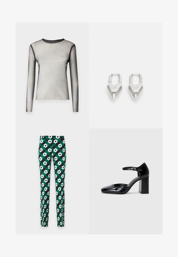 Long-sleeved, sheer gray top with a round neckline, featuring black stone accents along the collar and shoulders, smooth texture.; Green and black patterned trousers featuring a grid design, with large white flowers and black centers. Smooth fabric and slim fit.; Black patent leather high-heeled shoes with a square toe, ankle strap, and a chunky heel. Includes perforated detailing along the rim.; Silver heart-shaped padlocks featuring engraved "YES" and "NO" texts, polished finish, symmetrical design, and a robust metal clasp.