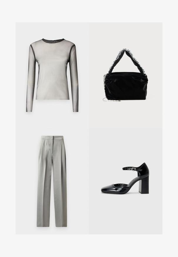 Langærmet, gennemsigtig grå top med rund halsudskæring, der har sorte stenaccenter langs kraven og skuldrene, glat tekstur.; Lysegrå skræddersyede bukser med en glat tekstur, der har plisseringer foran, en bred benlængde og en tætsiddende talje.; Sorte patenterede læder højhælede sko med firkantet tå, ankelrem og en kraftig hæl. Inkluderer perforerede detaljer langs kanten.; Sort faux læder håndtaske med en tekstureret overflade, der har en perlesmykke i sølv langs det øverste håndtag og en kædestrop.