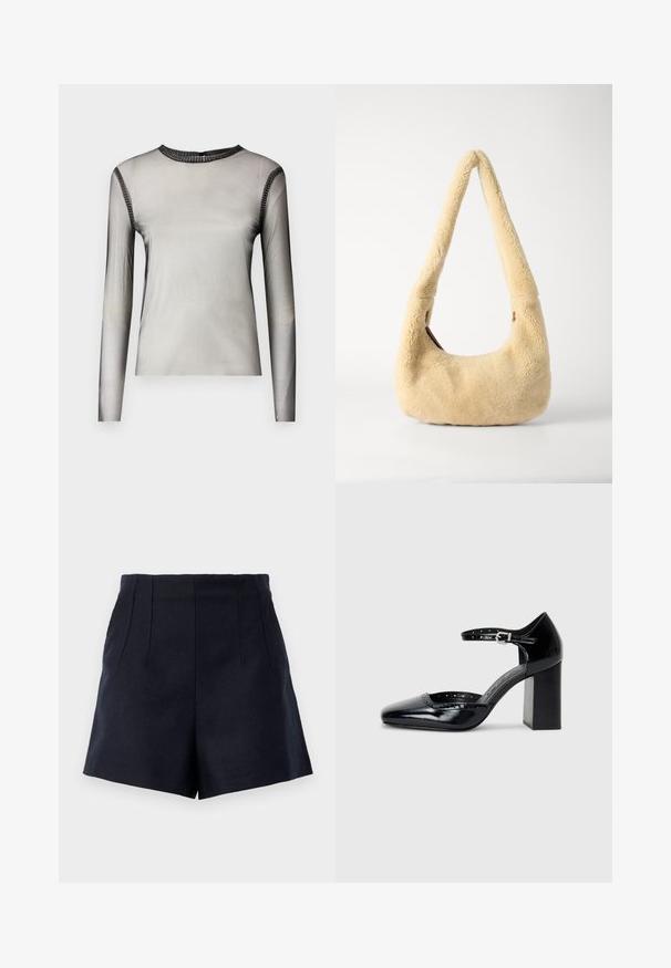 Lange mouwen, doorschijnend grijze top met een ronde halslijn, voorzien van zwarte stenen accenten langs de kraag en schouders, gladde textuur.; Marineblauwe shorts met een gestructureerd ontwerp, voorzien van twee voorplooien, een soepele textuur en een rechte snit tot boven de dijen.; Zwarte lakleren hoge hakken met een vierkante neus, enkelbandje en een chunky hak. Inclusief geperforeerde details langs de rand.; Beige schapenleren schoudertas met een gebogen handvat en een afgeronde vorm. De textuur is zacht en plush, met minimale hardwareaccenten.