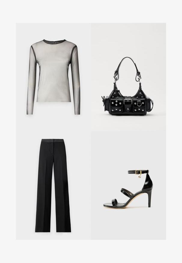 Top cinza translúcido de manga longa com decote redondo, apresentando detalhes em pedra preta ao longo da gola e ombros, de textura suave.; Calças largas pretas com uma cintura lisa e um design elegante e ajustado. Feitas de um tecido leve com uma textura fluida.; Sandal de couro envernizado preto com três tiras, fivela no tornozelo e salto agulha de 10 cm. Apresenta detalhes em hardware dourado e um charme com logotipo.; Bolsa de couro preta com um design curvado, apresentando tachas prateadas, uma fivela e dois bolsos laterais. Alça ajustável para opções de transporte.