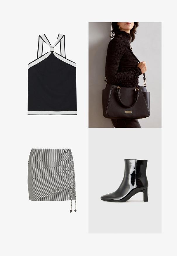 Svart halterneck-top med vita accenter, med en knuten baksida, en texturerad yta och en åtsittande silhuett. Enkel och modern.; Svart och vit randig mini kjol med samlad sidodetalj, justerbart band och dekorativa pärlor i änden av snöret.; Svart lackläder ankelboot med spetsig tå och en medelhög klack. Slät textur och minimalistisk design.; Svart handväska med texturerad yta, dubbla handtag upptill och justerbar axelrem. Utrustad med detaljer i guld och sidofickor.