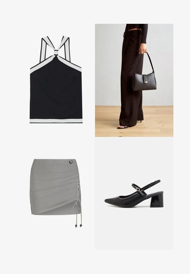 Fekete pánt nélküli felső, fehér részletekkel, csomós hátrésszel, textúrált felülettel és testhez simuló siluettel. Egyszerű és modern.; Fekete-fehér csíkos mini szoknya összegyűrt oldali részlettel, állítható kötőfával és díszes gyöngyökkel a zsinór végén.; Fekete lakk bőr, pántos magassarkú cipő, hegyes orral, lekerekített kivágással és tömbsarkal. Arany színű csat díszíti.; Fekete kézi táska strukturált formával, sima textúrával és fémből készült záródással. Széles fekete nadrággal és nyitott orrú szandállal párosítva, fából készült padlón.