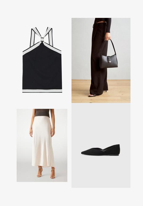 Haut de maillot noir à bretelles avec des accents blancs, présentant un design de dos noué, une finition texturée et une silhouette ajustée. Simple et moderne.; Jupe maxi en satin crème avec une texture lisse, taille haute, dotée d'une fente sur le côté, associée à des sandales à talons hauts dorées avec des lanières.; Ballerine en daim noir avec un bout pointu et un découpage en V sur les côtés. Présente une texture lisse et une semelle basse.; Sac à main noir à la forme structurée, texture lisse et fermoir métallique. Associé à un pantalon noir ample et des sandales ouvertes sur un sol en bois.