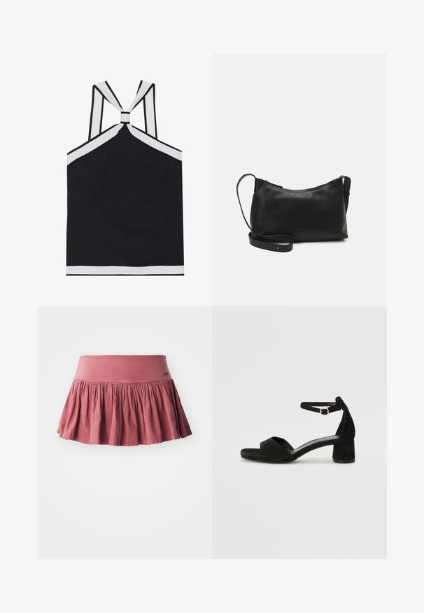 Fekete pánt nélküli felső, fehér részletekkel, csomós hátrésszel, textúrált felülettel és testhez simuló siluettel. Egyszerű és modern.; Rózsaszín pamut szoknya rugalmas derékkal, gyűrt részletekkel és bővülő fazonnal. Sima tapintású, térd alá érő kivitel.; Fekete velúr magassarkú szandál vékony boka pánttal, nyitott orral és szerény blokk sarkával. Simaság és minimalista részletek jellemzik.; Fekete bőr válltáska sima felülettel, ívelt formával, állítható pánttal és cipzáras záródással. Minimalista dizájn díszítmények nélkül.