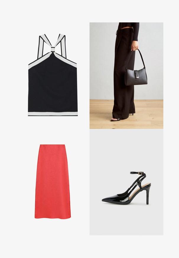 Sort halterneck top med hvide accenter, der har et knyttet rygdesign, en struktureret overflade og en tætsiddende silhuet. Enkel og moderne.; Rød midi-nederdel med en glat overflade, der har en let glans og en A-line silhuet. Ingen synlige mønstre eller metaldele.; Sorte laklæder højhælede slingback-sko med spids tå, justerbar ankelrem og åben sider. Glat tekstur.; Sort håndtaske med struktureret form, glat overflade og metalspænde. Sammen med brede sorte bukser og sandaler med åben tå på trægulv.