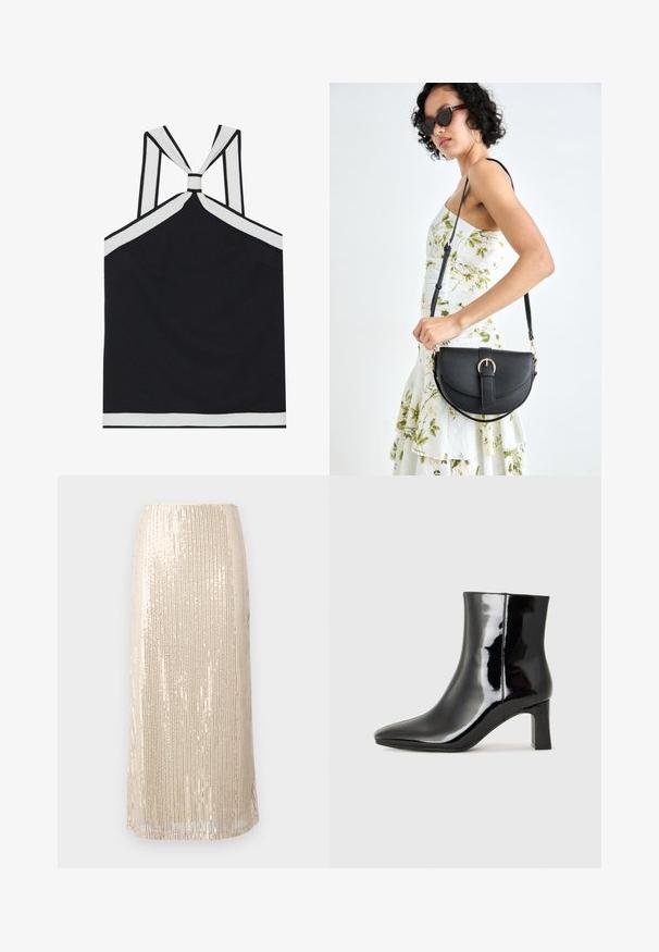 Svart halterneck-top med vita accenter, med en knuten baksida, en texturerad yta och en åtsittande silhuett. Enkel och modern.; Beige paljetkjol med vertikala mönster, längd till mitten av vaden, slät textur och två sidssprund för enkel rörelse.; Svart lackläder ankelboot med spetsig tå och en medelhög klack. Slät textur och minimalistisk design.; Svart läderhandväska med en böjd form, avtagbar rem och guldiga detaljer. Väskan har ett lock med en spänndetalj.