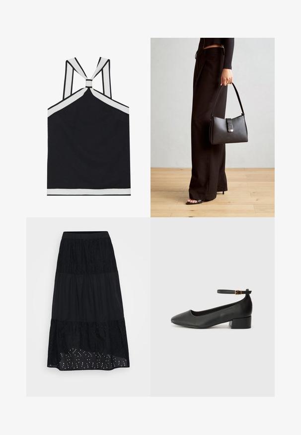 Juodas halter tipo topas su baltais akcentais, turintis mazgo dizainą nugaroje, tekstūrizuotą apdailą ir prigludusią siluetą. Paprasta ir modernaus stiliaus.; Juodas sluoksniuotas sijonas su išsiuvinėtu viršutiniu sluoksniu, tekstūruotu apatiniu sluoksniu ir aklėmis apatinėje dalyje. Lanksčio elastingo juosmens paguodai ir patogumui.; Juodas odinis aukštakulnis batelis su smailiu pirštu ir žemu bloku. Su kulkšnies dirželiu su auksinės spalvos sagtimi. Lygus paviršius.; Juodas rankinė struktūrizuota forma, lygi tekstūra ir metalinis užsegimas. Suporuota su plačiomis juodomis kelnėmis ir atvirais bateliais ant medinių grindų.