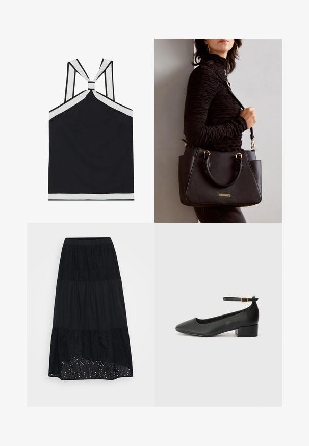 Top halter negru cu accente albe, având un design cu spate legat, o finisare texturată și o siluetă ajustată. Simplu și modern.; Fustă neagră în straturi cu un strat superior brodat, cu textură pe partea de jos și detalii din dantelă aproape de tiv. Talie elastică pentru confort și adaptare.; Pantof cu toc negru din piele, cu vârf ascuțit și toc mic pătrat. Dispune de o curea la gleznă cu o cataramă în tonuri de aur. Textură netedă.; Geantă de umăr neagră cu suprafață texturată, cu două mânere superioare și curea de umăr ajustabilă. Dispune de accesorii metalice de culoare aurie și buzunare laterale.
