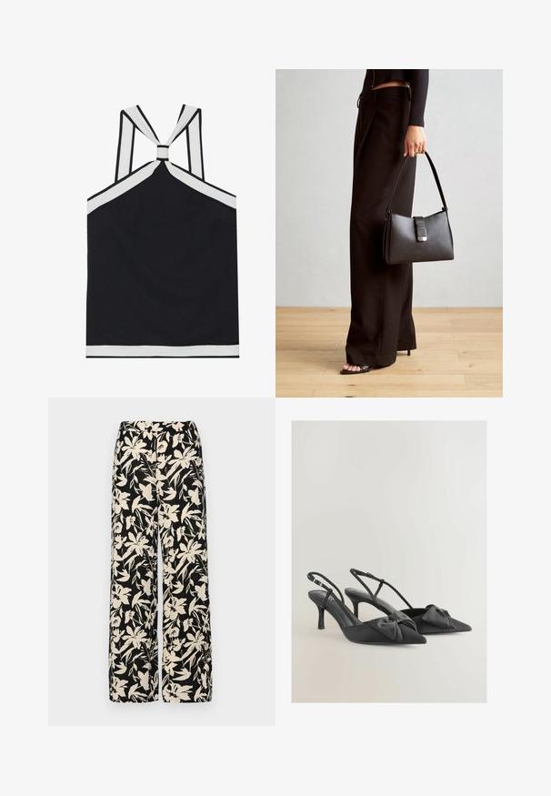 Top nero con scollo all'americana e accenti bianchi, caratterizzato da un design a nodo sul retro, una finitura testurizzata e una silhouette aderente. Semplice e moderno.; Pantaloni larghi neri con un motivo floreale crema. Realizzati in tessuto leggero, con una texture liscia e una vita alta.; Tacchi slingback in raso nero con punte affusolate, piccoli fiocchi sul vamp e tacchi sottili. Presentano cinturini regolabili alla caviglia.; Borsa nera con forma strutturata, texture liscia e una chiusura metallica. Abbinata a pantaloni neri larghi e sandali open-toe su un pavimento in legno.
