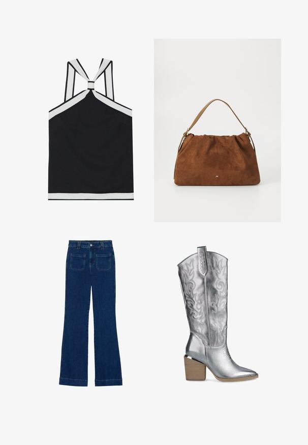 Zwarte haltertop met witte accenten, met een geknoopt rugontwerp, een textuurafwerking en een getailleerde silhouet. Eenvoudig en modern.; Donkerblauwe denim flared jeans met een gladde textuur, vijf zakken en een knoopsluiting aan de taille.; Zilveren metallic cowboylaarzen met complexe borduursels, puntige neuzen en een gestapelde houten hak. Gladde textuur met decoratieve accenten.; Bruine suède handtas met een geplooid ontwerp, voorzien van een enkele tan kleur leren schouderband en een subtiele gouden logo-detail aan de voorkant.