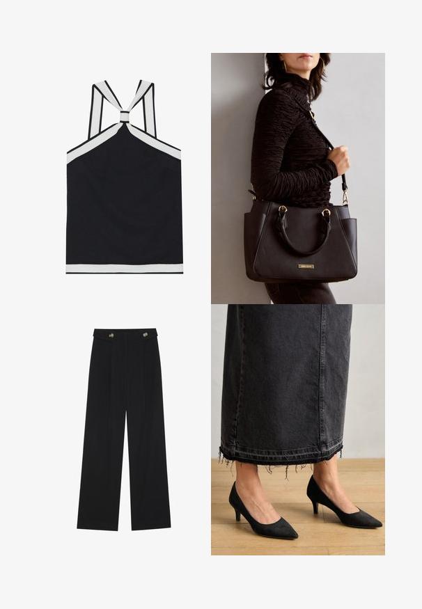 Fekete pánt nélküli felső, fehér részletekkel, csomós hátrésszel, textúrált felülettel és testhez simuló siluettel. Egyszerű és modern.; Fekete, bő szárú nadrág magas derékkal, gombos részletekkel a derékrészen és elülső pliszékkal.; Fekete nubuk szandál hegyes orral és 3 hüvelykes sarkal, hosszú, sötét farmer szoknyával párosítva, amelynek szélén rojtos részletek találhatók.; Fekete kézitáska texturált felülettel, dupla felső fogantyúval és állítható vállpánttal. Arany színű fém kiegészítők és oldalsó zsebek találhatók rajta.