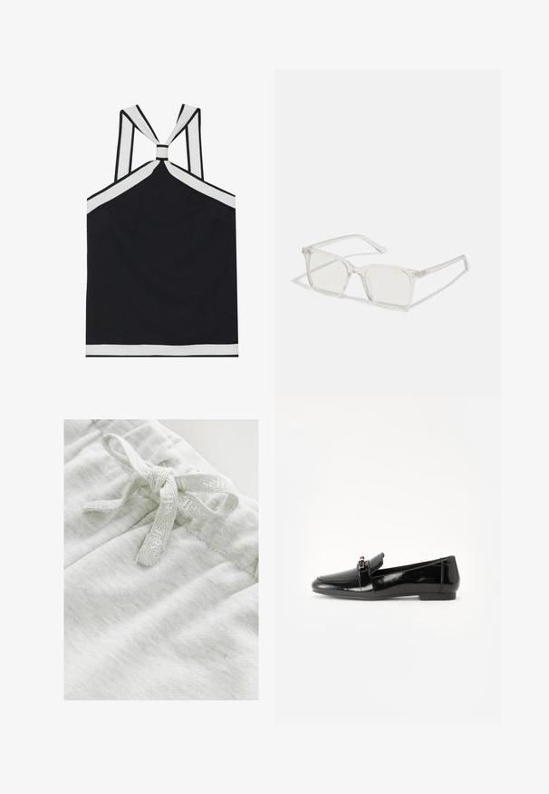 Zwarte haltertop met witte accenten, met een geknoopt rugontwerp, een textuurafwerking en een getailleerde silhouet. Eenvoudig en modern.; Lichtgrijze stof met een zachte textuur, voorzien van een strikdetail gemaakt van een bijpassende, gestructureerde lint aan de taille.; Zwarte gepatenteerde leren loafer met een vlakke zool, ronde teen en een decoratieve band met een gouden accen. Gladde, glanzende afwerking.; Heldere plastic vierkante monturen met doorzichtige glazen, gekenmerkt door gouden accenten op de slapen voor extra detail.