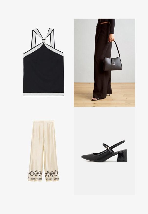 Top halter negru cu accente albe, având un design cu spate legat, o finisare texturată și o siluetă ajustată. Simplu și modern.; Pantaloni largi din satin de culoare crem, cu modele geometrice negre brodate pe margine. Caracterizat printr-o textură netedă și o siluetă croită.; Cizme cu toc slingback din piele sintetică lacuită neagră, cu vârful ascuțit, un design cu decupaj rotunjit și toc bloc. Include un accent cu cataramă de culoare aurie.; Genți negre cu o formă structurată, textură netedă și un închizător metalic. Asortată cu pantaloni negri largi și sandale cu vârf deschis pe un podea din lemn.