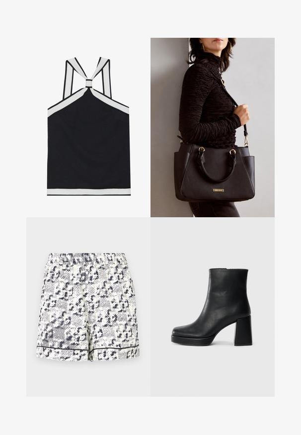 Crni top na majicu bez rukava s bijelim detaljima, s čvorastim dizajnom na leđima, teksturiranom završnom obradom i prilagođenim siluetom. Jednostavno i moderno.; Bijele kratke hlače s crnim apstraktnim uzorkom, elastičnom stražnjicom i čvrstim crnim obrubom duž rubova. Izrađene od lagane tkanine.; Crna kožna čizma do gležnja s blok petom i platformom, prikazana s bočne strane na jednostavnoj bijeloj pozadini.; Crna torba s teksturiranom površinom, dvostrukim gornjim ručkama i podesivom remenom za rame. Ima zlatne metalne detalje i bočne džepove.