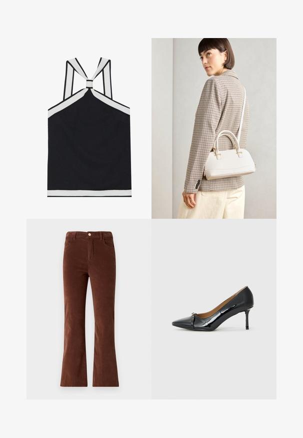 Haut de maillot noir à bretelles avec des accents blancs, présentant un design de dos noué, une finition texturée et une silhouette ajustée. Simple et moderne.; Pantalons évasés en velours côtelé marron avec une taille mi-haute, dotés d'une fermeture à bouton et de deux poches avant. Texture lisse et couleur uniforme.; Chaussure à talons hauts en cuir verni noir avec un bout pointu, détail de sangle décorative à l'avant et un fin talon aiguille.; Sac à main structuré blanc avec de courtes poignées et une bandoulière, doté de accents en métal doré et d'un matériau texturé, présenté sur un fond gris.