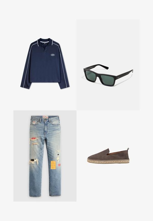 Navyblauwe polo met lange mouwen, met een kraag, witte piping langs de randen en een logo op de borst. Gemaakt van een katoenmix.; Lichtblauwe denim jeans met een relaxte pasvorm, voorzien van versleten patches in verschillende kleuren en patronen, waaronder oranje en rode accenten.; Bruine suède espadrille instapper met een jute touwzool. Heeft een minimalistisch ontwerp en een lage snit aan de voorkant.; Zwarte rechthoekige zonnebril met groene lenzen, voorzien van een matte afwerking, rechte pootjes en het Ray-Ban-logo aan de zijkant.